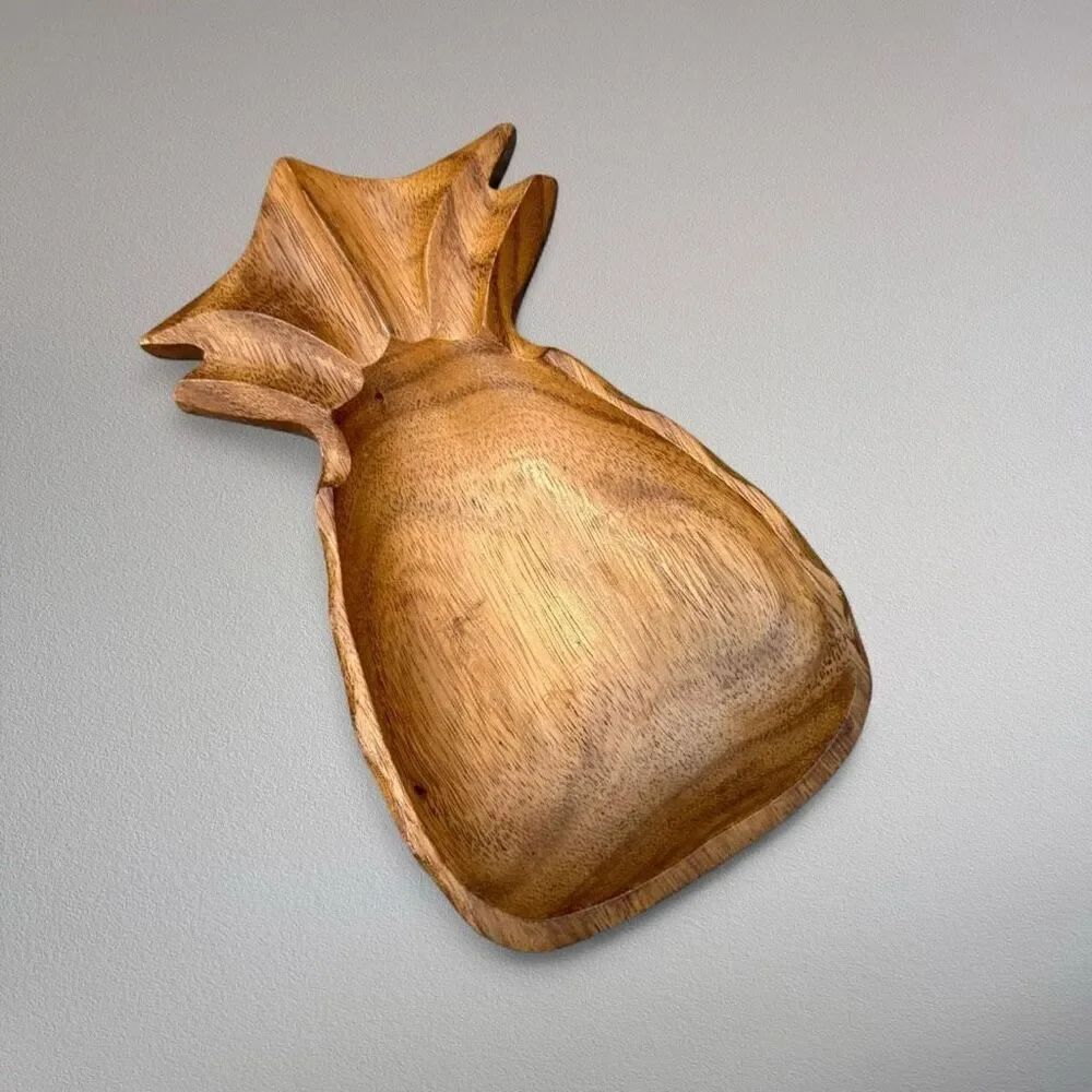 Hand-Carved Vintage Pineapple Wood Dish Natural Brown VTG Novelty